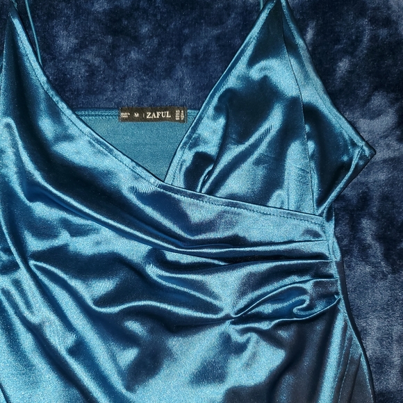 Peacock Blue Cami Draped Crossover Slip Dress - Picture 6 of 14